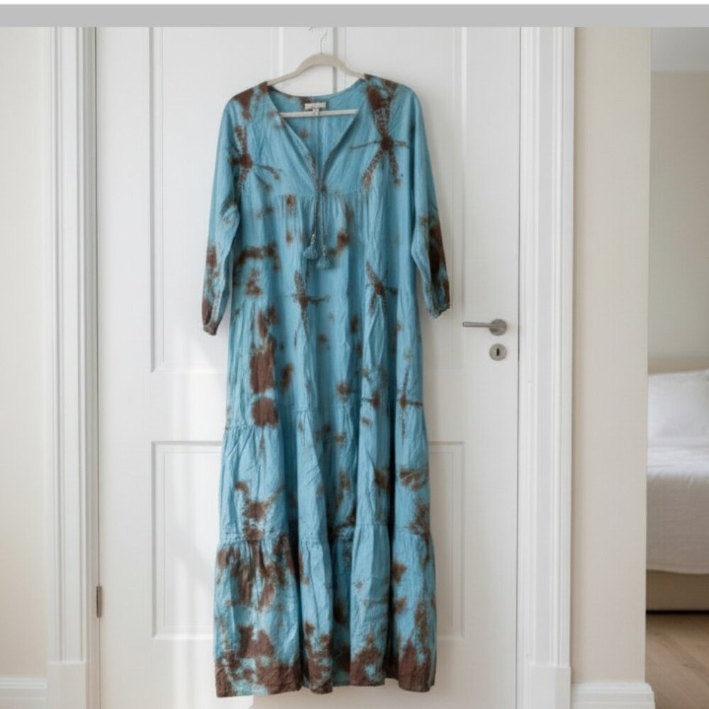 NWT Pink Chicken 100% Silk Indira Blue Tie-Dye Maxi Dress - Size M
